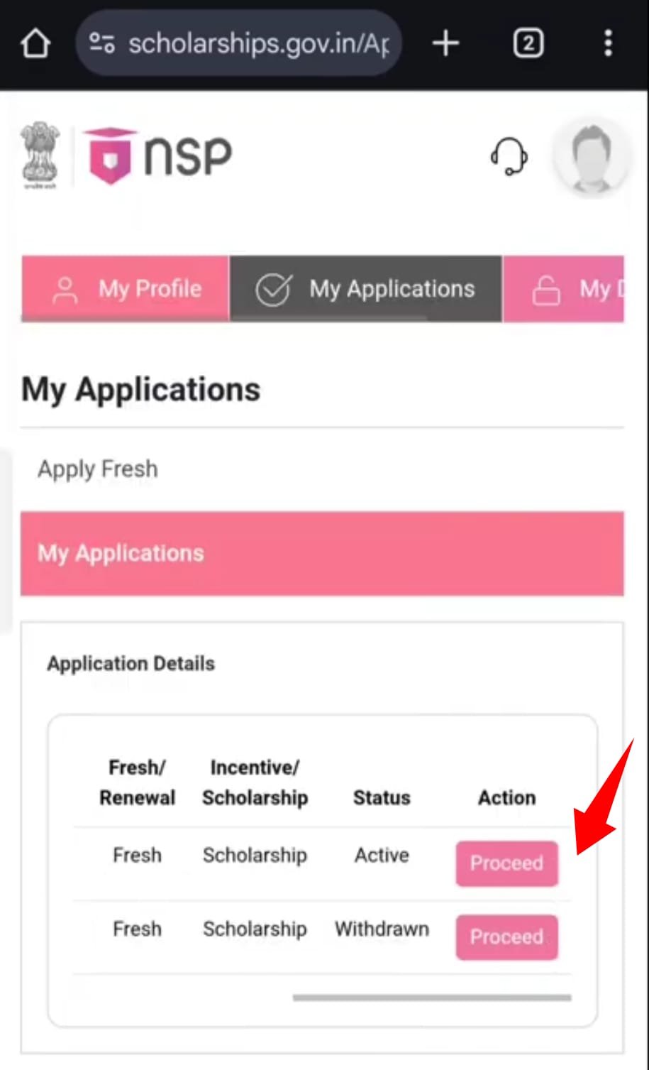 nsp scholarship status